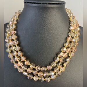 Vintage Triple Strand Gold Aurora Borealis Glass Bead Necklace 16” D12